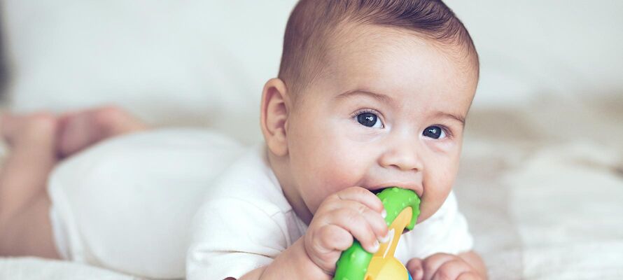 Baby liegt am Bauch mit Beissring im Mund